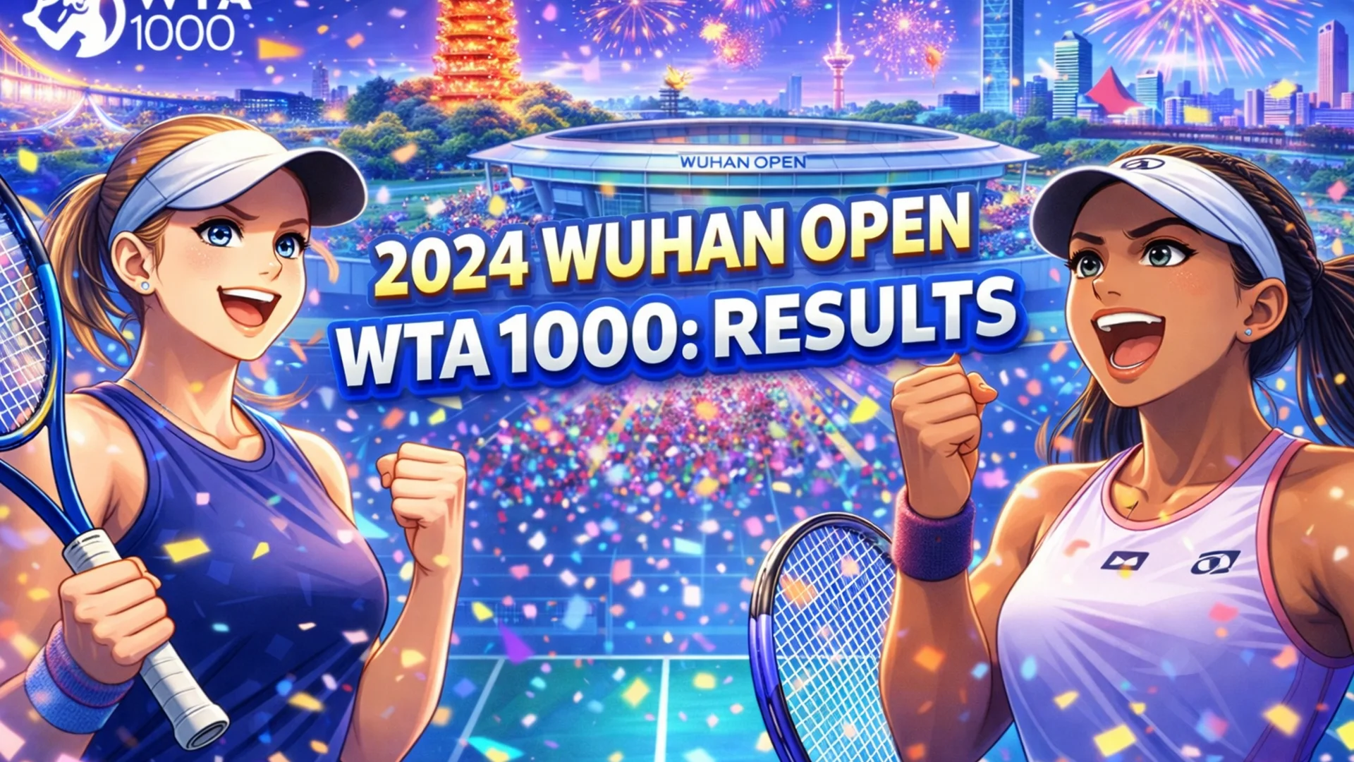 Two female tennis players celebrate on a colorful hard court with fireworks above the Wuhan Open stadium during the 2024 WTA 1000 tournament.