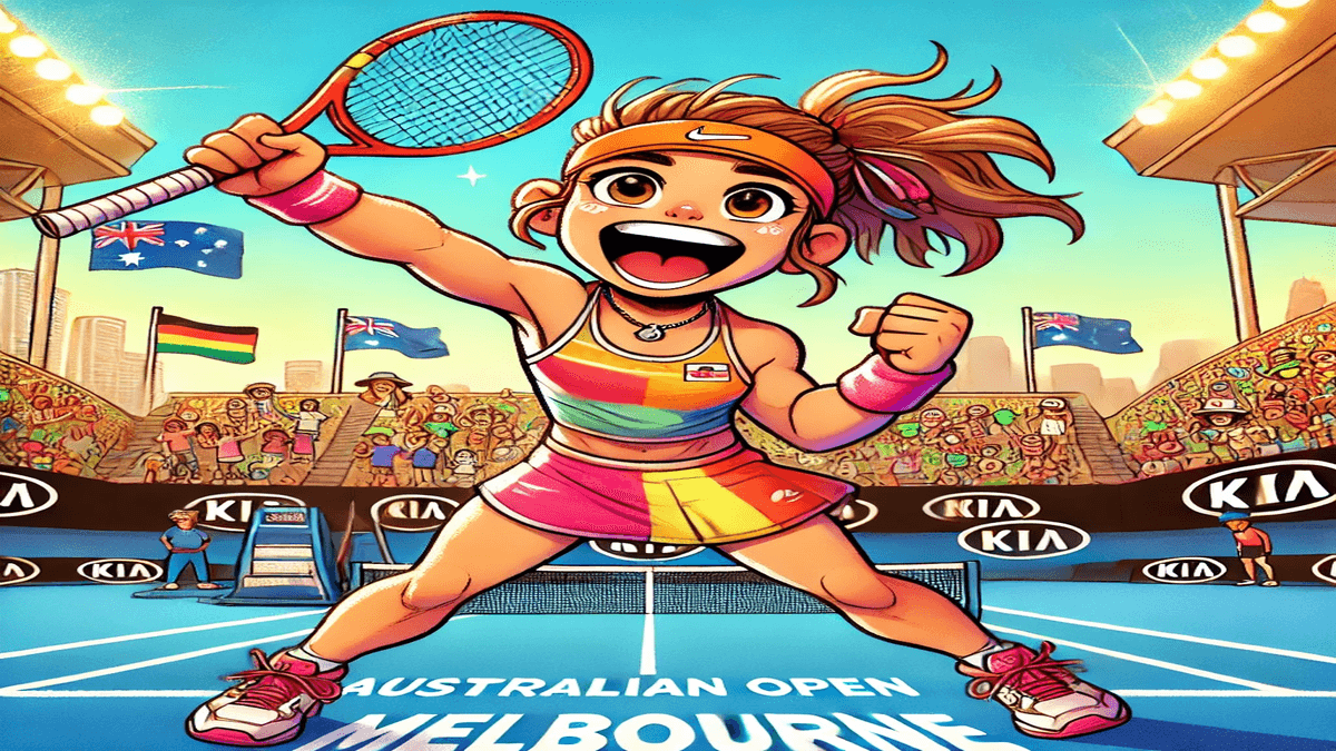 Cartoon illustration of Eva Lys celebrating victory at the Australian Open 2025 as a lucky loser.