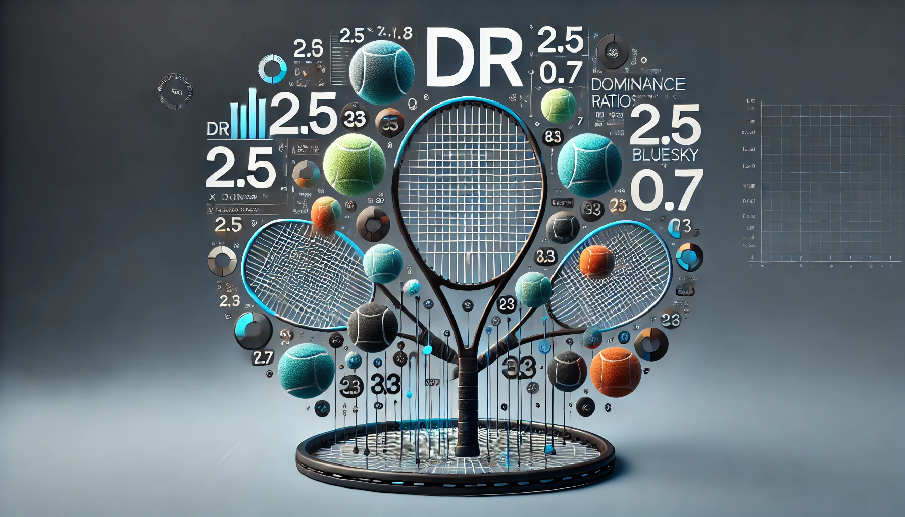 Tennis rackets with scattered Dominance Ratio numbers ranging from 2.5 to 0.7, highlighting statistical analysis in tennis