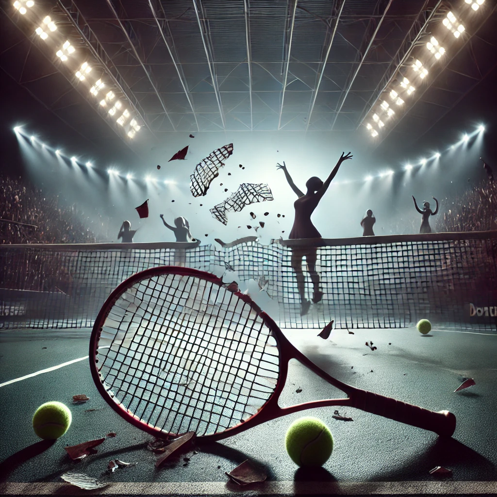Shattered tennis racket on a court under stadium lights, symbolizing unexpected defeats at the Dubai Duty Free Tennis Championships, with shadows of victorious female players in the background.