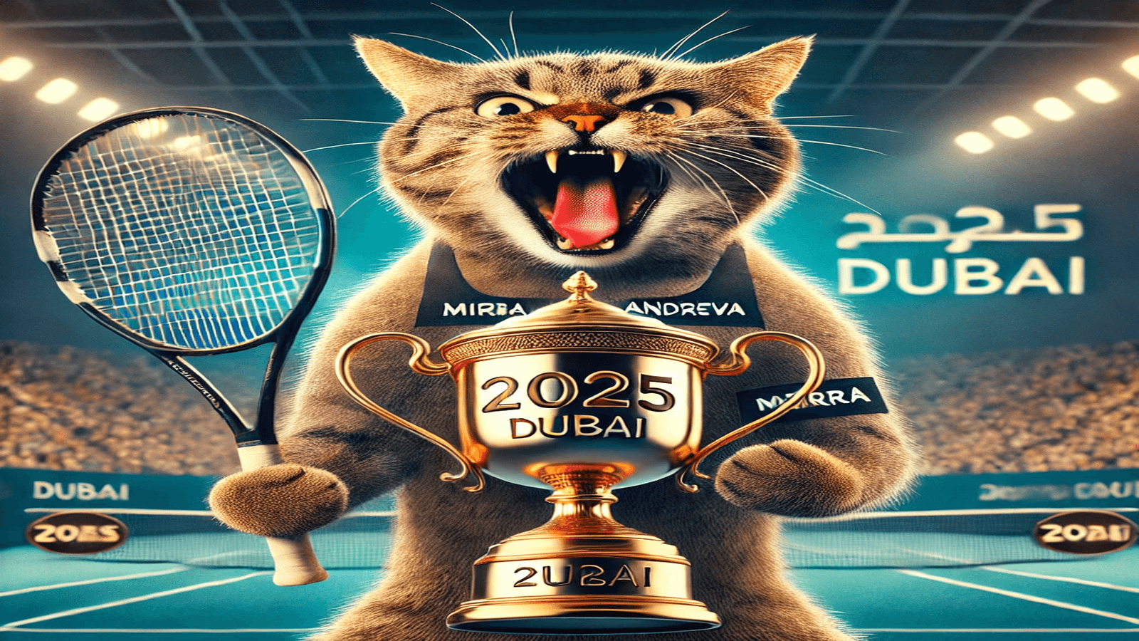 An intense and determined cat, representing Mirra Andreeva, holds a tennis racket while triumphantly lifting the 2025 Dubai Trophy on a tennis court. The cat exudes hunger and focus, embodying Andreeva’s relentless drive to win.