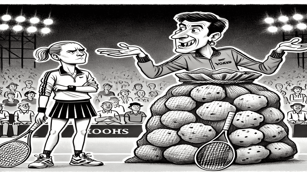 A black-and-white cartoon featuring Elena Rybakina and her former coach Stefano Vukov standing next to a sack of potatoes on a tennis court. Rybakina, holding a racket, looks unimpressed, while Vukov gestures dramatically. The scene is exaggerated and humorous, engaging for tennis fans.