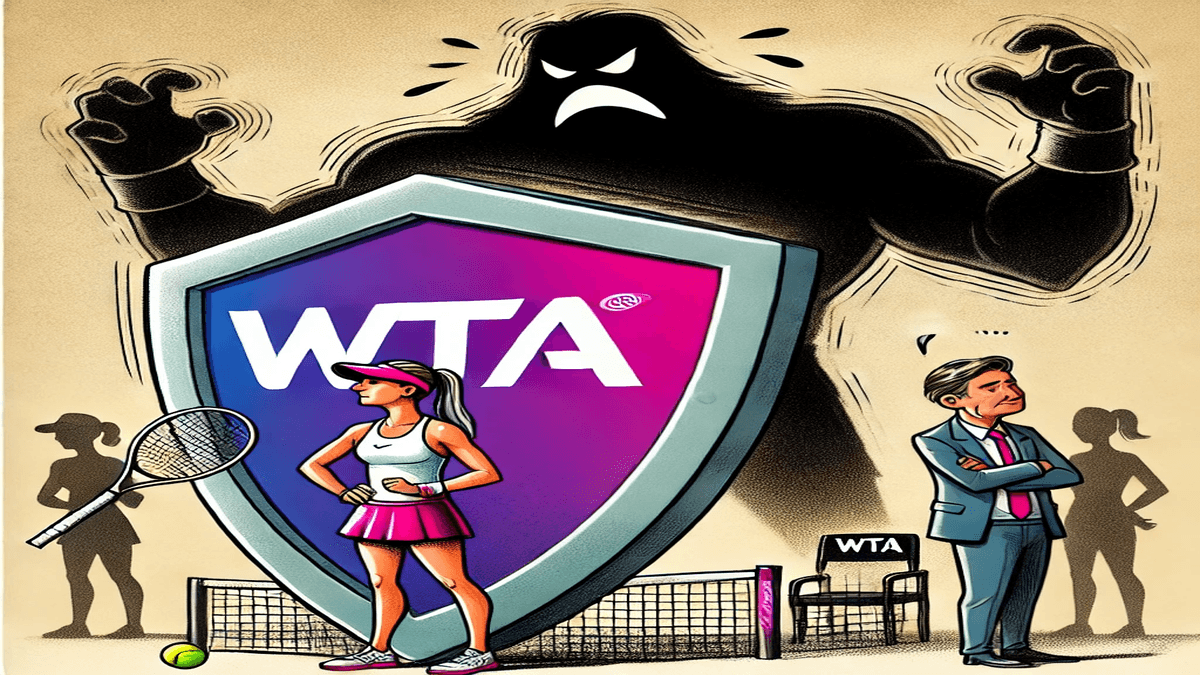 A symbolic cartoon showing the WTA protecting female tennis players from aggressive coaches. A player stands behind a WTA-branded shield, while a shadowy coach figure looms in the background, highlighting athlete protection and empowerment.