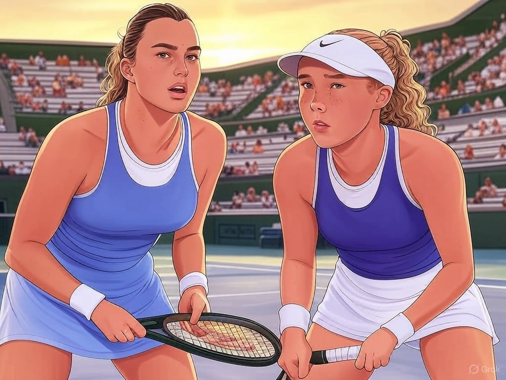 Mirra Andreeva and Aryna Sabalenka in action during the 2025 Indian Wells final, both focused and ready for the next point in a competitive WTA showdown