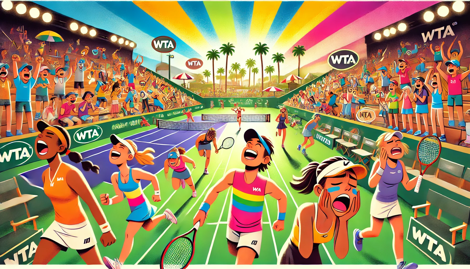 Cartoon illustration of WTA players at Indian Wells 2025, showcasing winners advancing with joy and losers showing disappointment amid the vibrant tennis garden setting