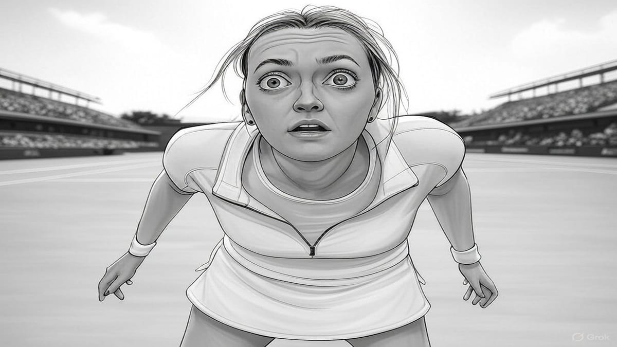 Cartoon-style illustration of Petra Kvitova on a tennis court, showcasing an intense and surprised expression during a match