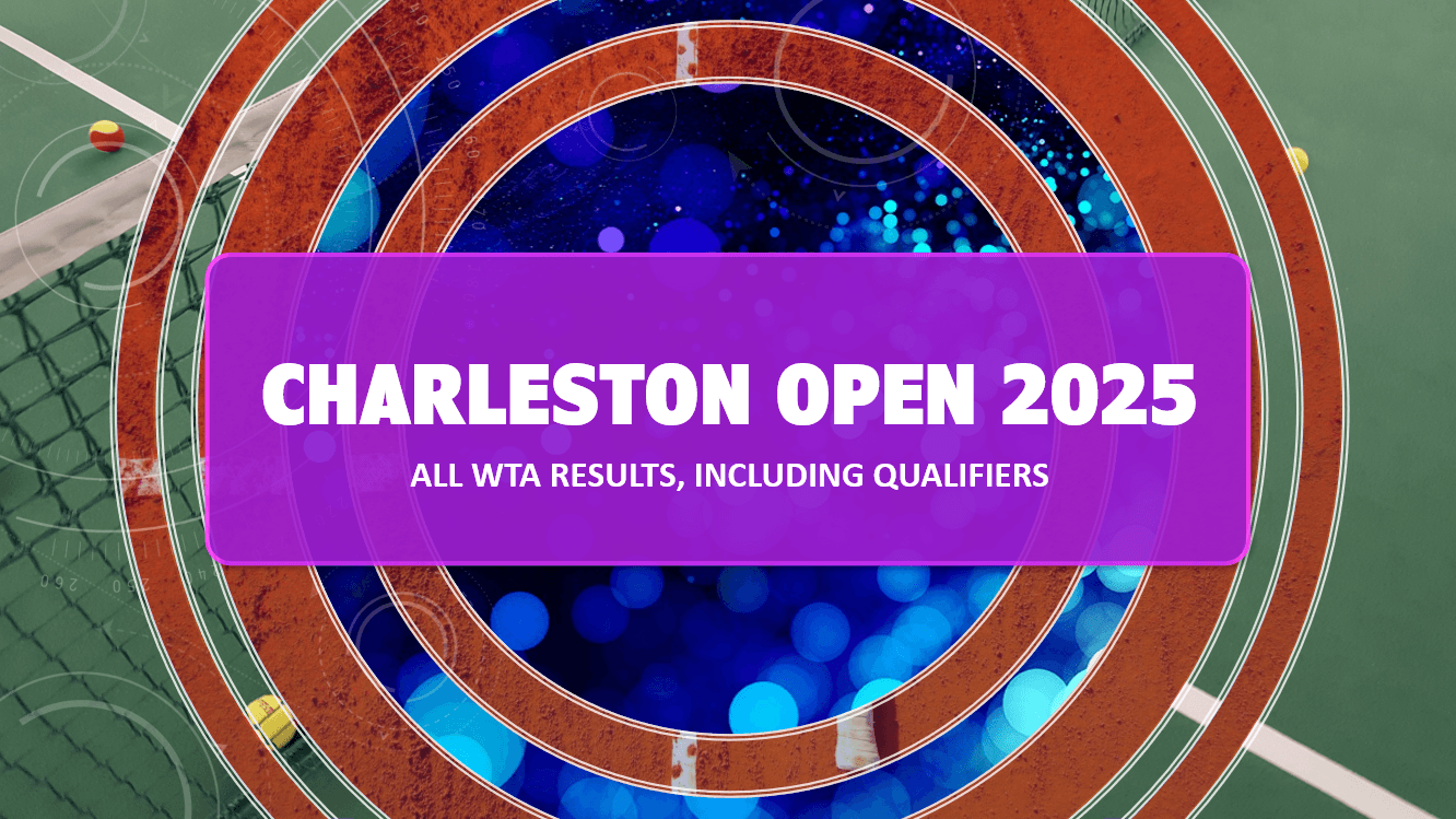 Charleston Open 2025 graphic with text overlay: "All WTA results, including qualifiers" on a green and clay tennis court background.
