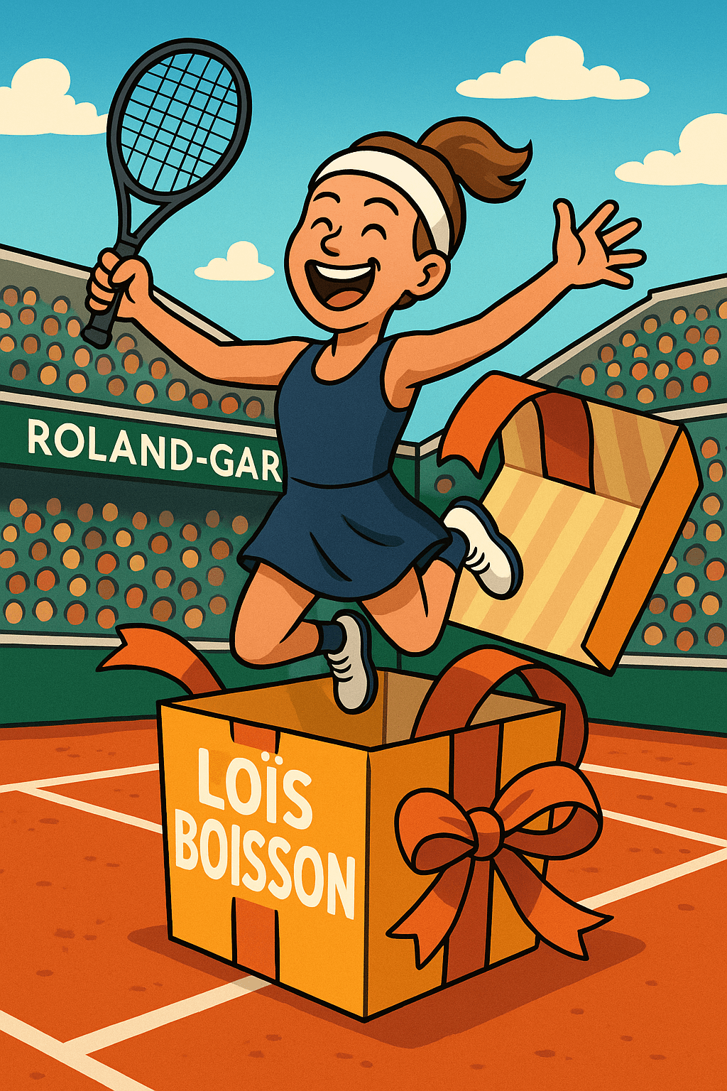 Cartoon of French tennis player Loïs Boisson jumping out of a surprise gift box on a Roland-Garros clay court, celebrating her breakout WTA performance in 2025.