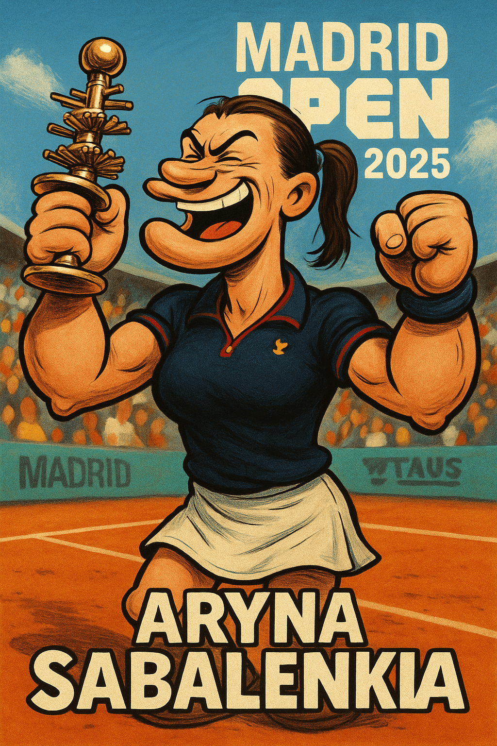 Caricature of Aryna Sabalenka celebrating her 2025 Madrid Open tennis victory with a trophy on clay court