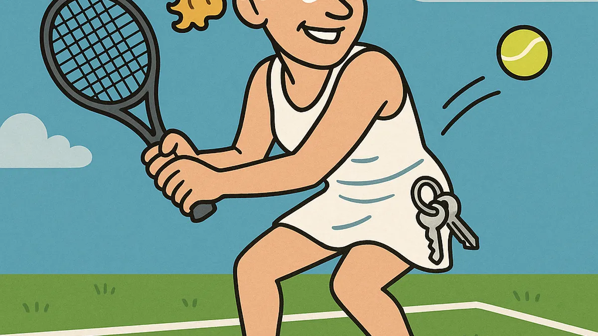 Cartoon of Laura Siegemund playing tennis on grass, holding her racket with keys dangling from her waist, ready to hit a ball at the baseline