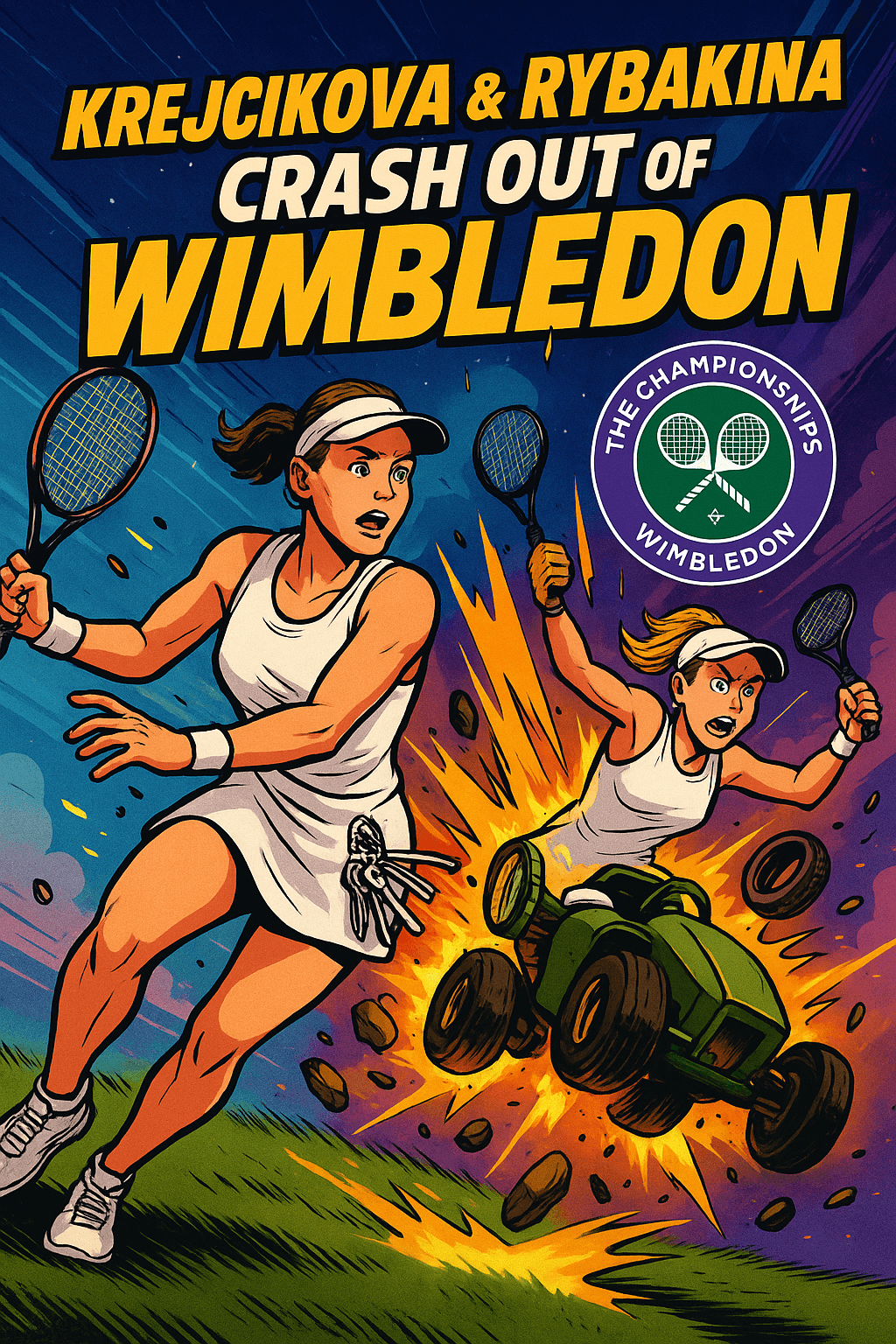 Cartoon of Barbora Krejcikova and Elena Rybakina crashing out of Wimbledon in a dynamic, comic-book style scene without logo or keys