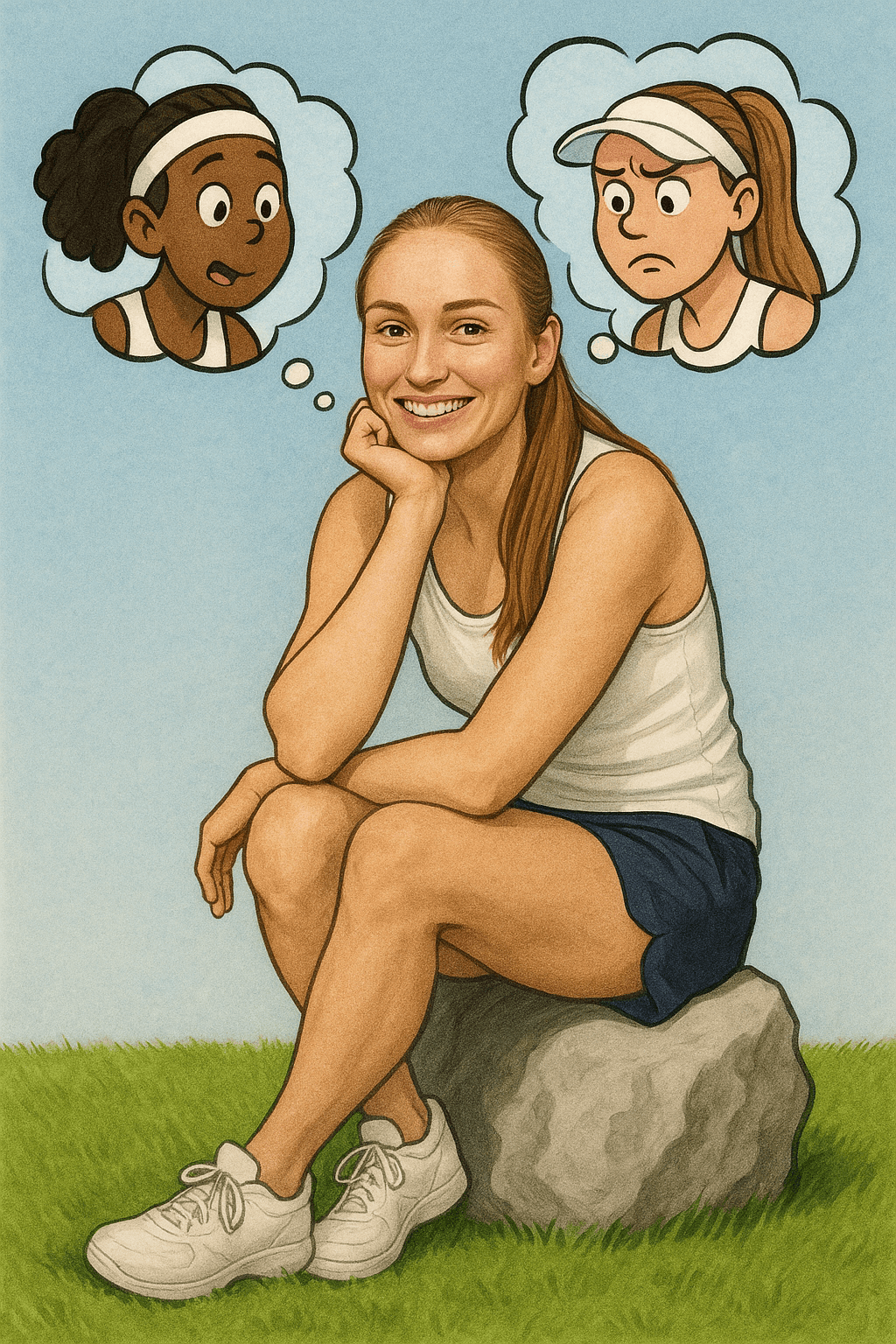 Elena Rybakina smiling while sitting on a rock in the grass, with cartoon Madison Keys and Aryna Sabalenka watching from above