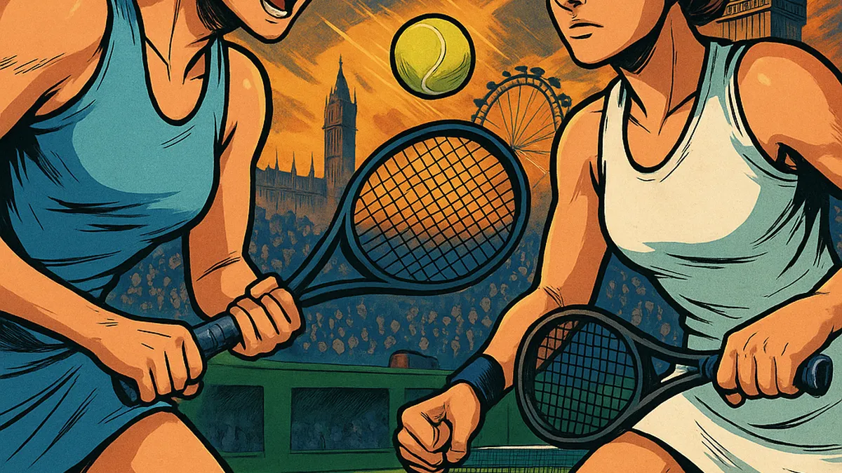 cartoon of Amanda Anisimova and Iga Swiatek facing off on a grass court in London, with comic-book energy and iconic city landmarks in the background