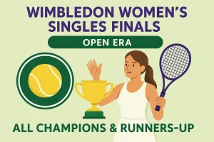 Wimbledon women’s singles Open Era graphic featuring a tennis player, trophy, racket and ball for the complete list of ladies’ singles champions and runners-up.