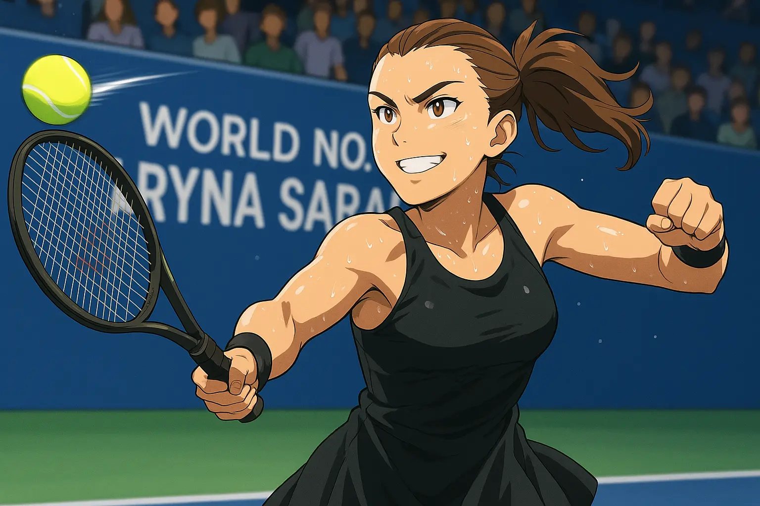 Iillustration of Aryna Sabalenka hitting an ace in a black dress with a determined smile, radiating power and energy on court.