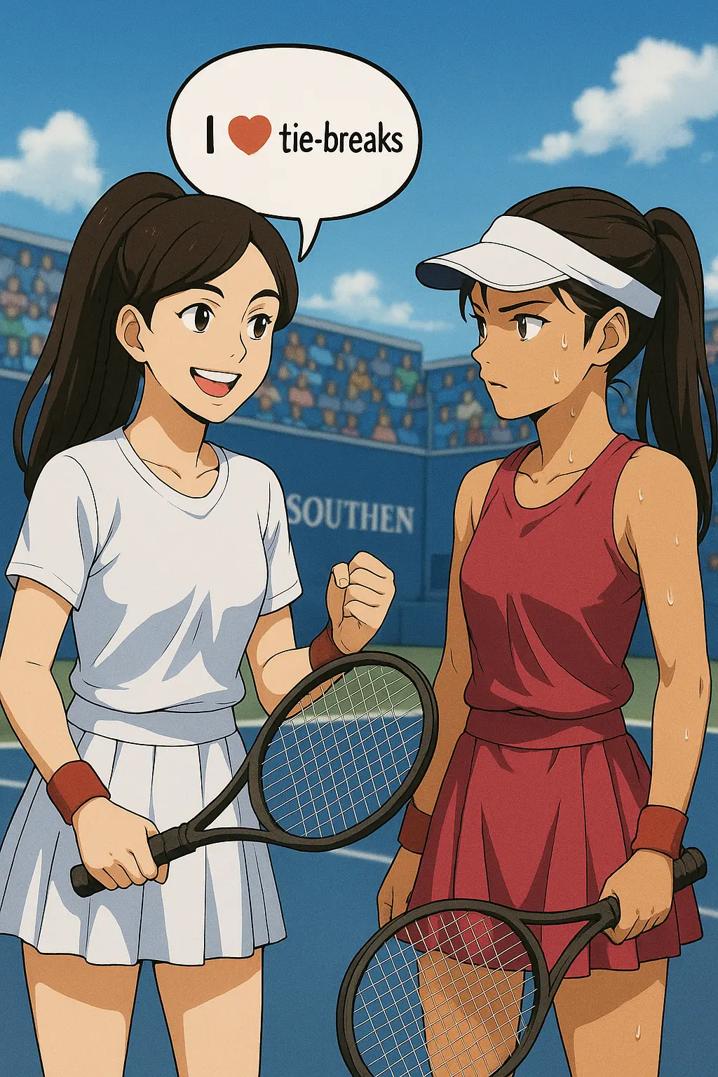 Illustration of Aryna Sabalenka smiling and saying "I ❤️ tie-breaks" to Emma Raducanu during a tense tennis match at the Cincinnati Open