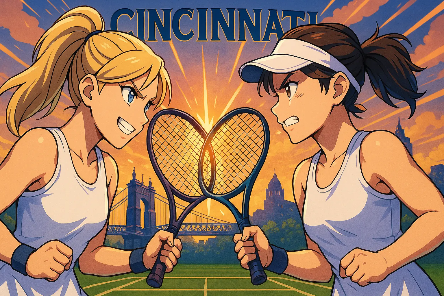 Anime-style illustration of two powerful female tennis players locking rackets, with radiant energy and the Cincinnati skyline in the background