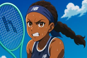 Coco Gauff sweating during an intense match under a blue sky, gripping racket in anime style