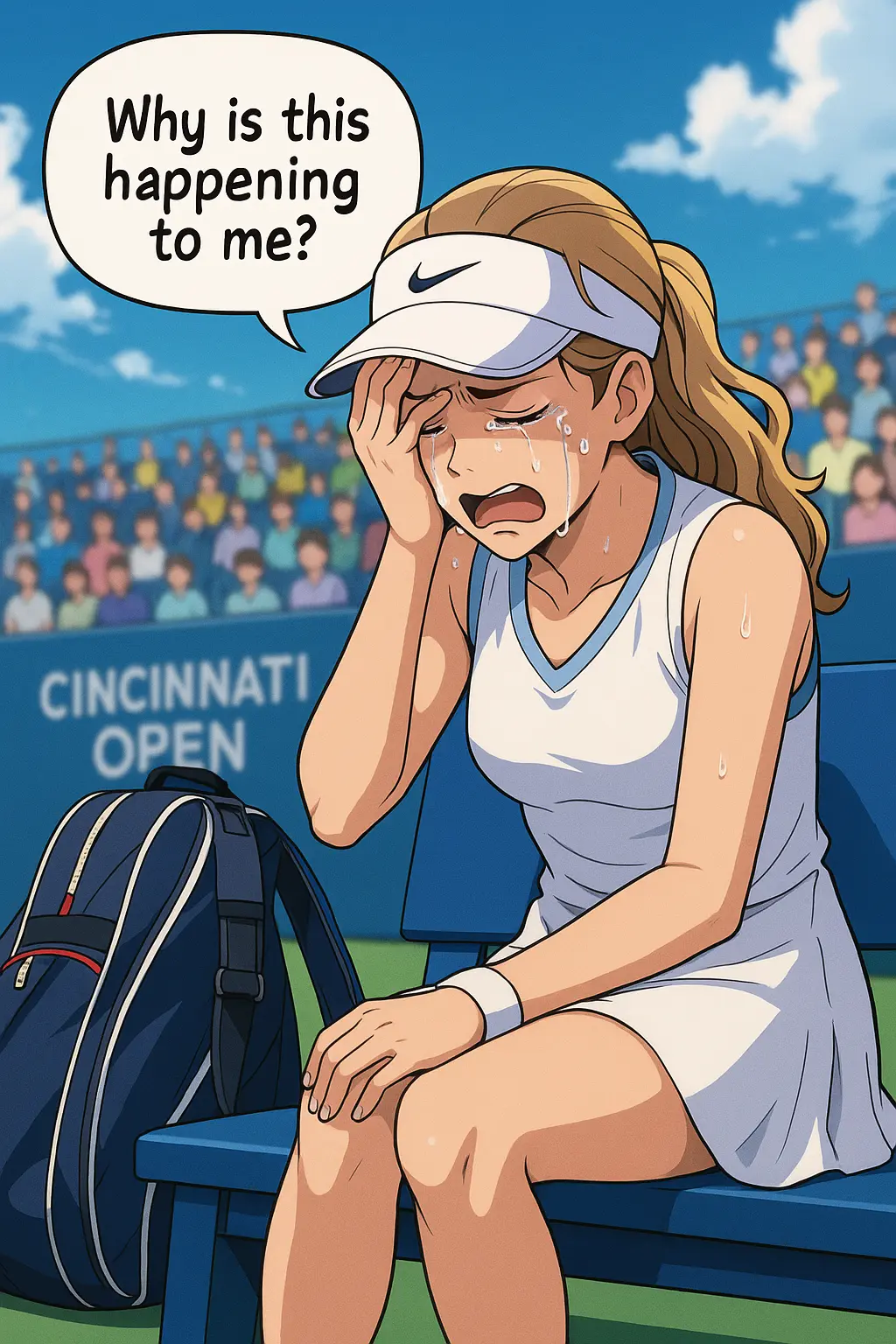Danielle Collins crying during the 2025 Cincinnati Open, anime-style illustration showing emotional moment in tennis match