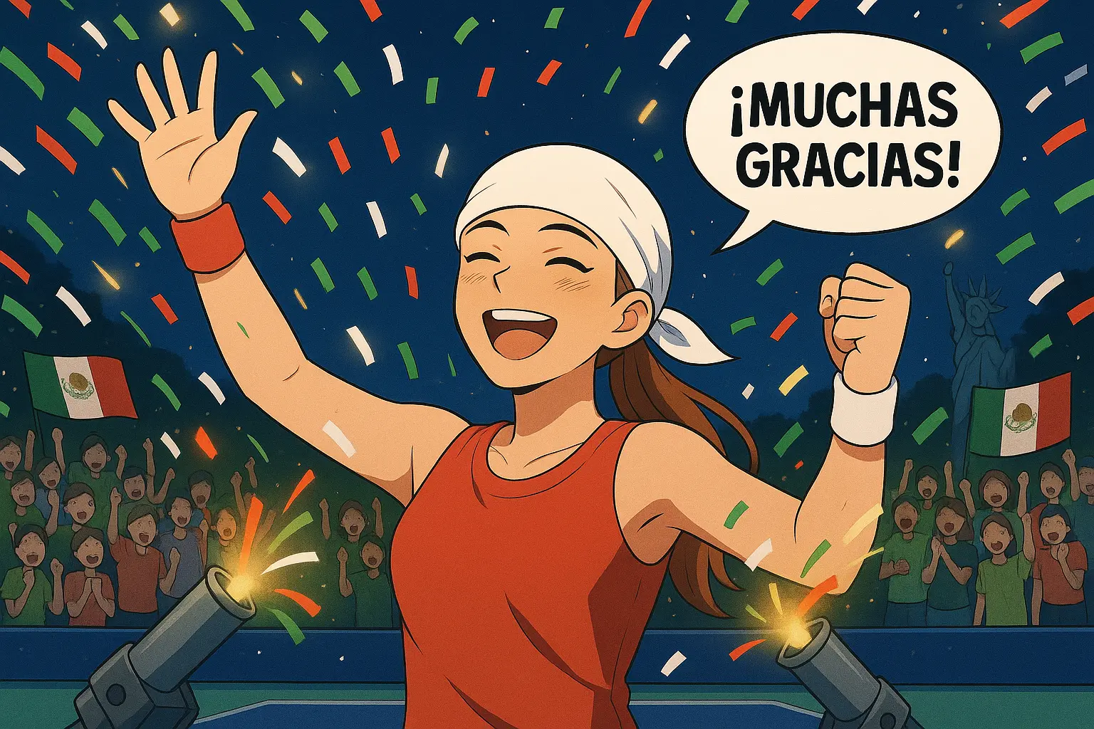 Illustration of Diana Shnaider wearing her trademark white bandana, celebrating her Monterrey WTA night final victory with confetti spraying and Mexican fans cheering in the stands