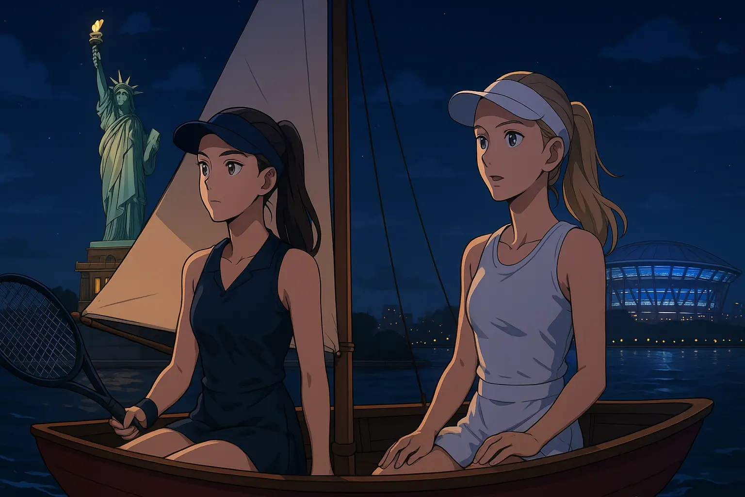 Illustration of Elena Rybakina and Elise Mertens sailing near the Statue of Liberty at night, with Arthur Ashe Stadium glowing in the distance during the US Open