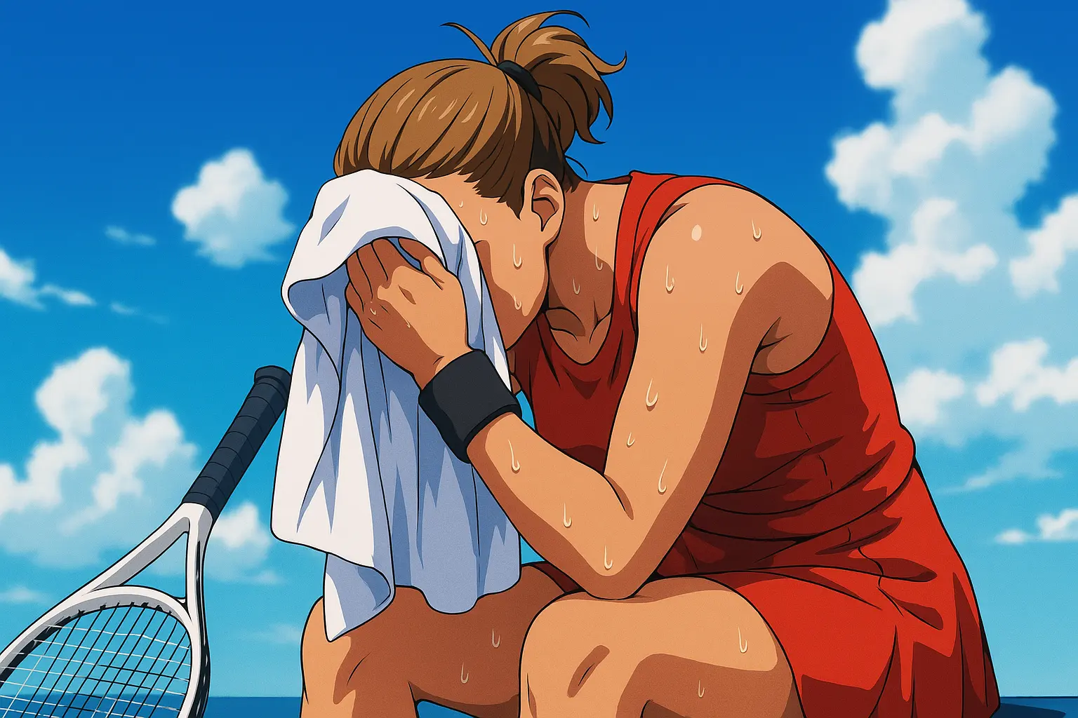 Illlustration of Aryna Sabalenka in a red tennis dress, head in a towel after a match, with racket on the court under a bright blue sky