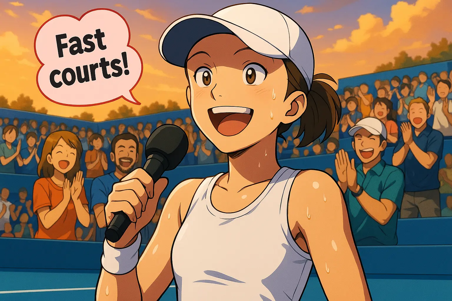 illustration of Iga Świątek smiling broadly on the Cincinnati hard courts, holding a microphone with sweat shimmering as her player’s box applauds