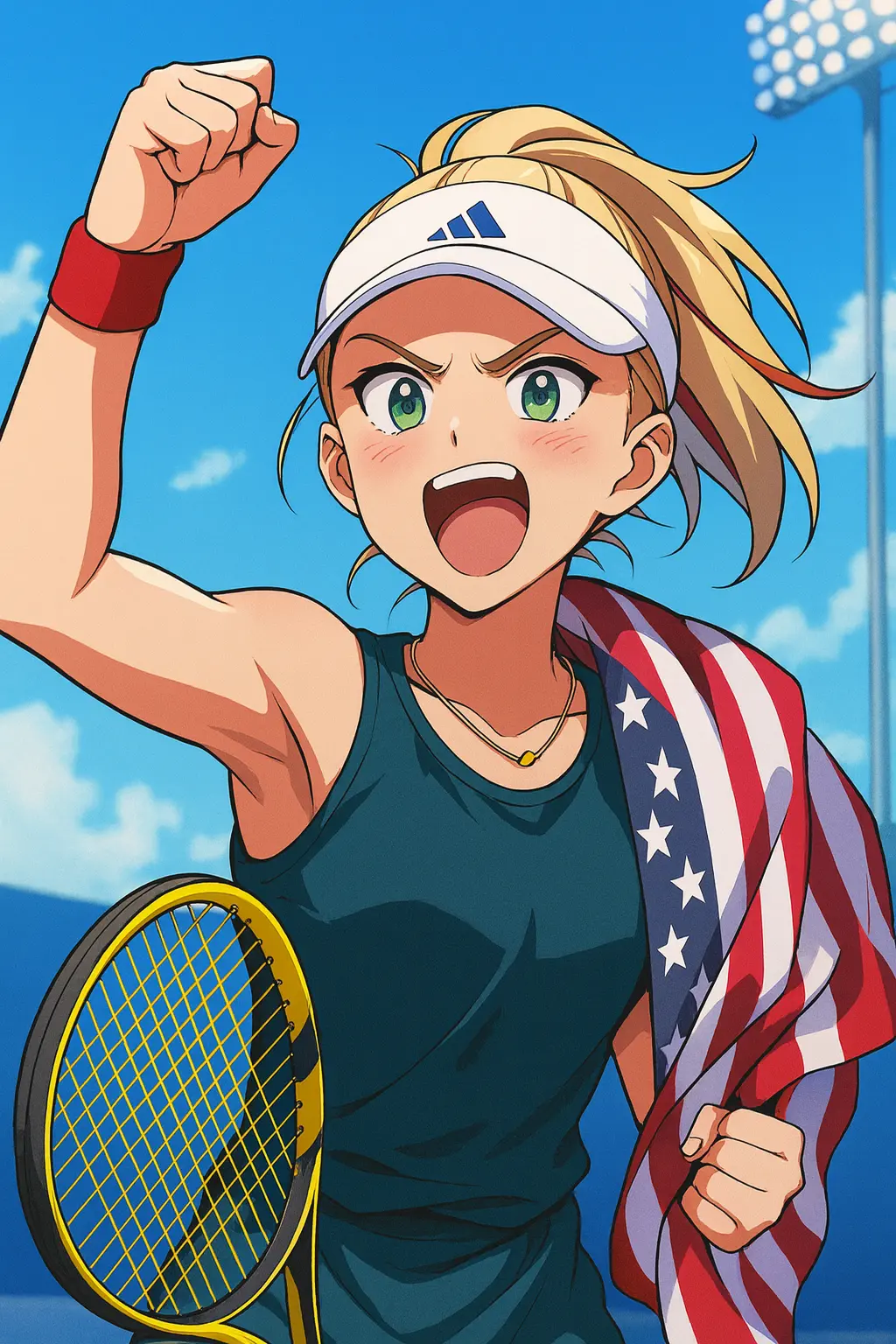Anime-style illustration of young American tennis player Iva Jovic celebrating victory with raised fist, U.S. flag draped over shoulder, and tennis racket in hand