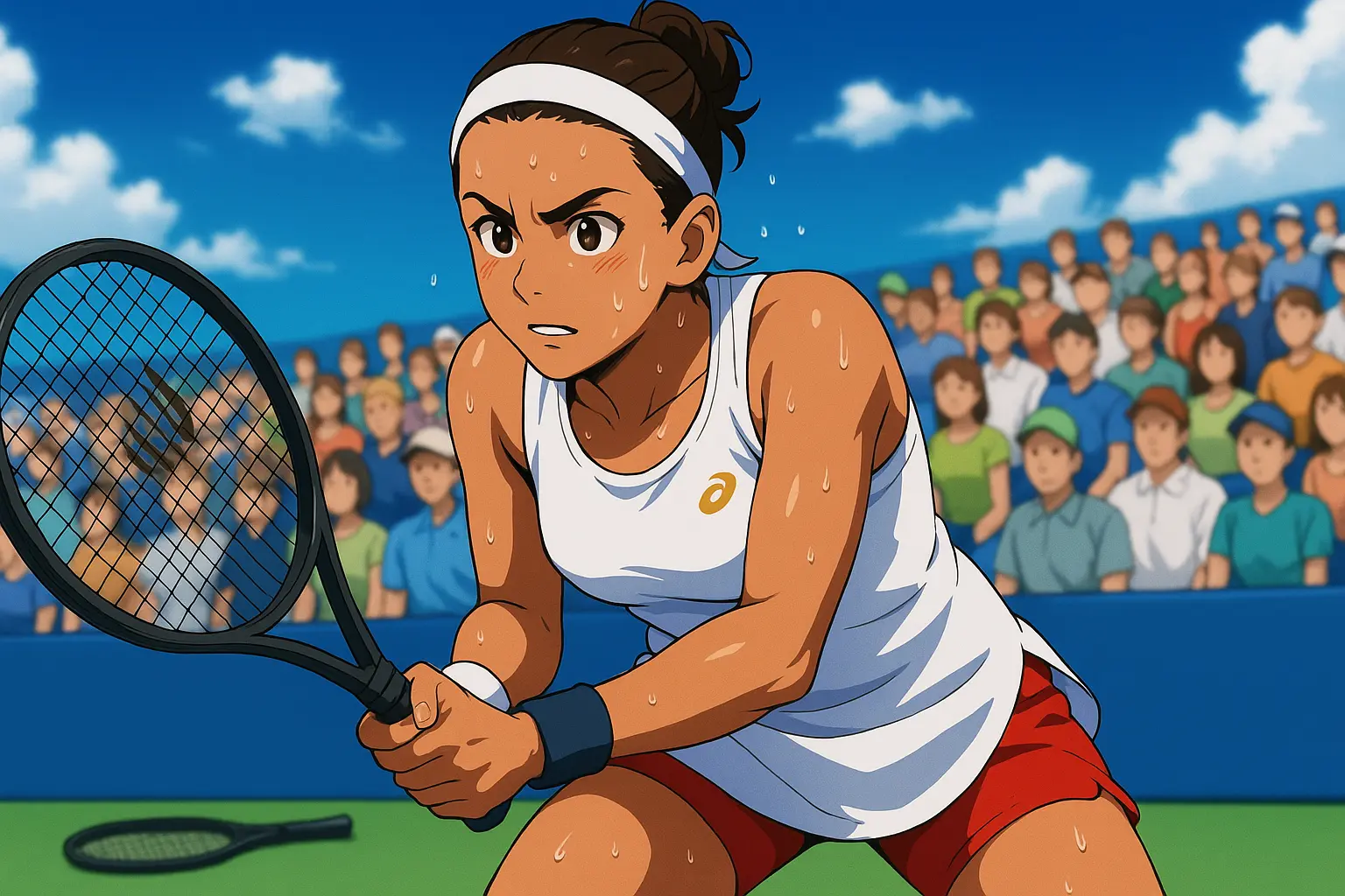 Illustration of Jasmine Paolini mid-rally in a white dress and red shorts, gripping her racket with sweat glistening under the sun, focused against Coco Gauff with a vibrant crowd in the background