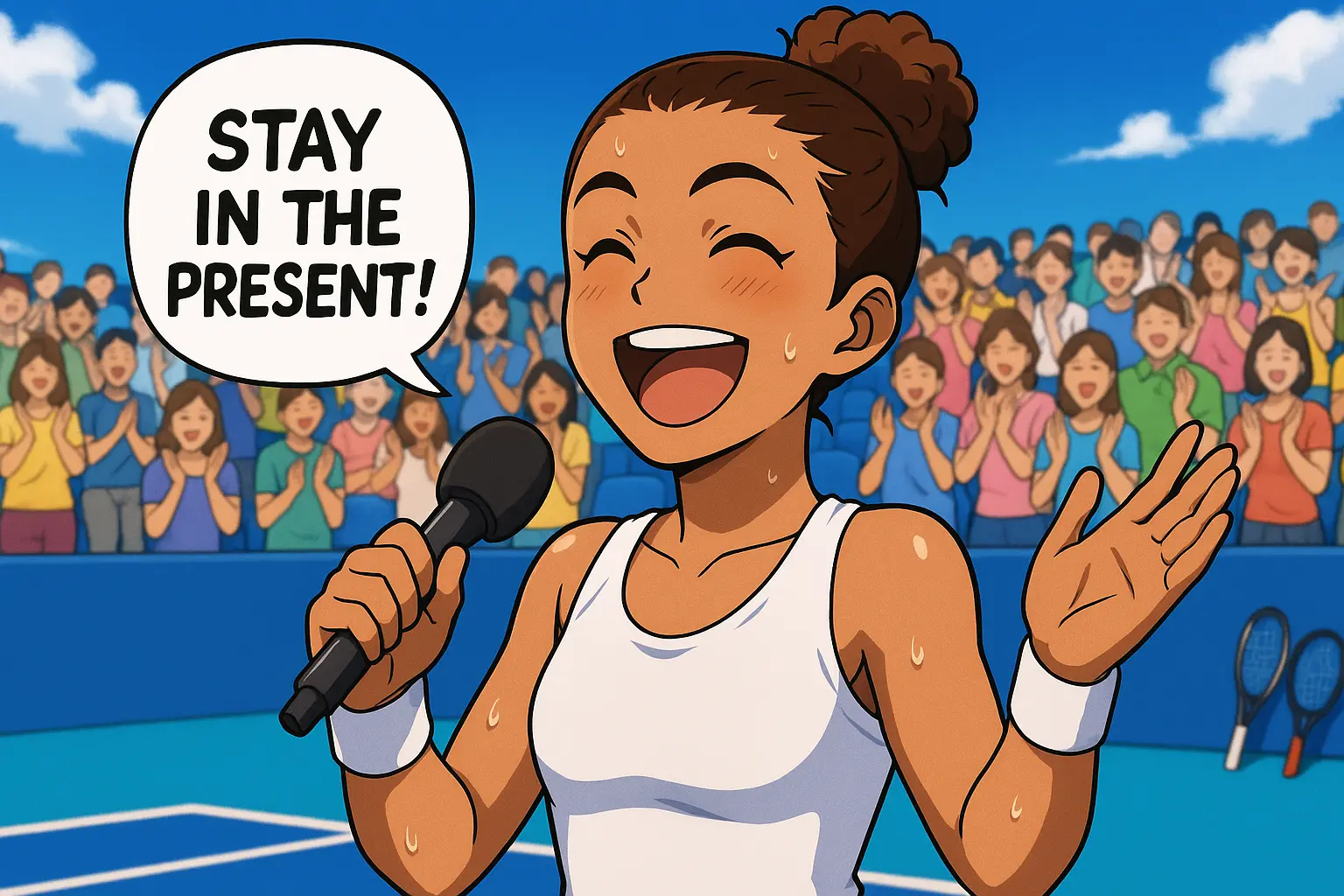 Jasmine Paolini smiling and speaking into a microphone on a blue hard court, with sweat shimmering and saying “Stay in the present!” as the tennis crowd applauds