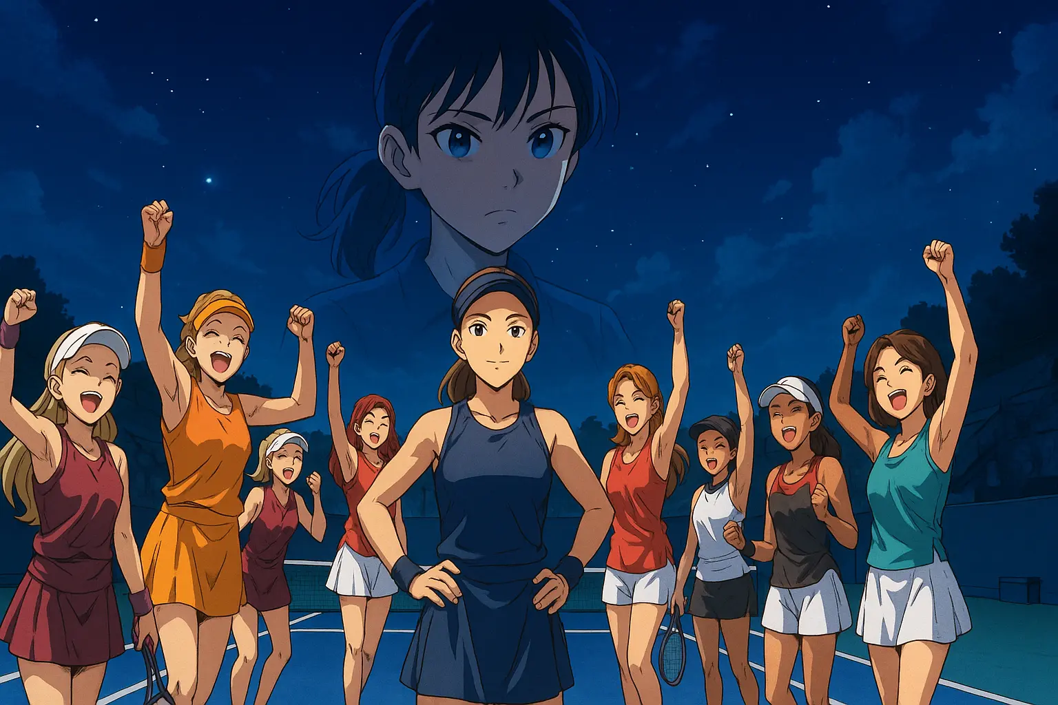 Artwork of Jessica Pegula standing confidently on a blue tennis court at night, surrounded by fellow WTA winners from her quarter, with Mirra Andreeva watching from the sky