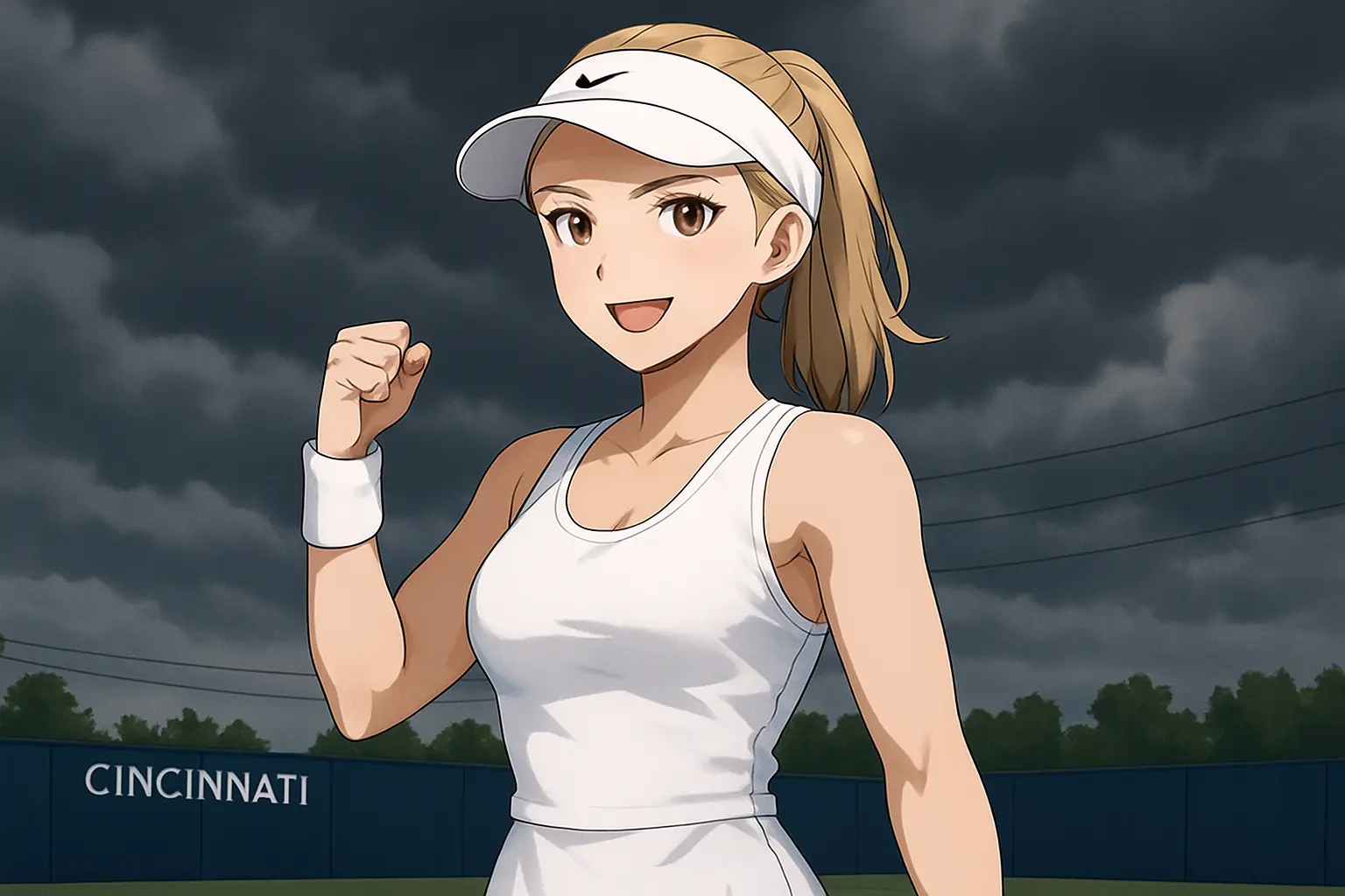 Illustration of Magda Linette in an all-white tennis outfit celebrating victory on a Cincinnati Open court under dark storm clouds