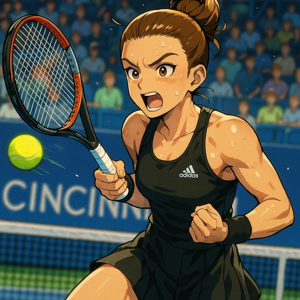 Maria Sakkari in anime-style illustration hitting a forehand during a tense Cincinnati Open tiebreak, wearing a black tennis dress and showing intense focus