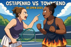 illustration of Jelena Ostapenko and Taylor Townsend arguing at the net during the 2025 US Open, with Ostapenko pointing and Townsend responding fiercely