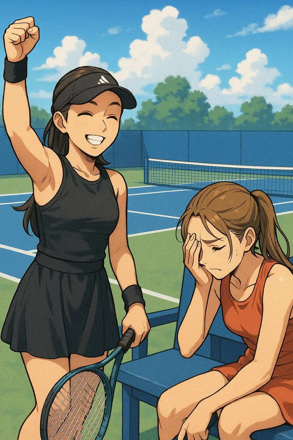 Illustration of Jessica Pegula celebrating a victory on a tennis court.