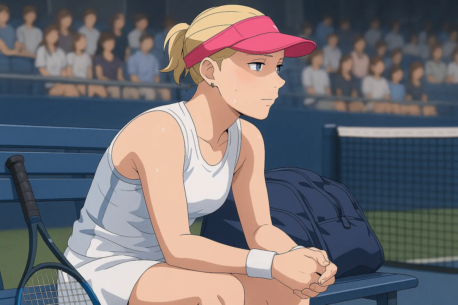 Suzan Lamens sits courtside at the 2025 US Open, wearing a white tennis dress and pink visor, reflecting after a hard-fought match against Iga Swiatek