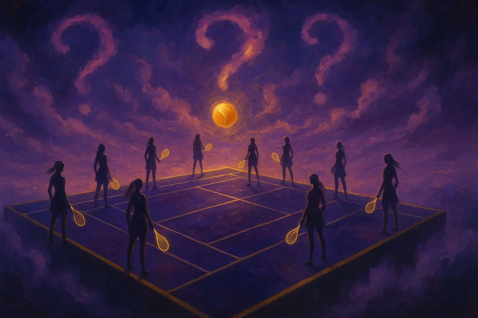 A floating tennis court in purple skies with eight female silhouettes holding glowing rackets and a golden tennis ball, symbolizing the unpredictability of the US Open 2025 women’s Round of 16
