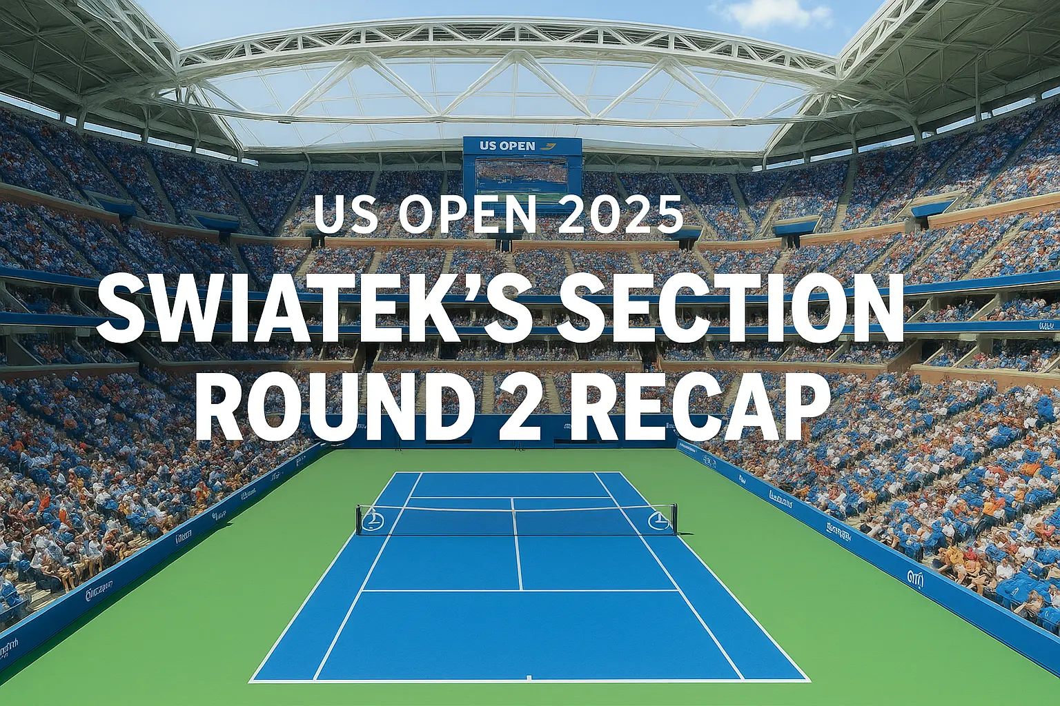Arthur Ashe Stadium during the 2025 US Open with bright blue hardcourt, featuring text overlay “Swiatek’s Section Round 2 Recap” in bold white letters.