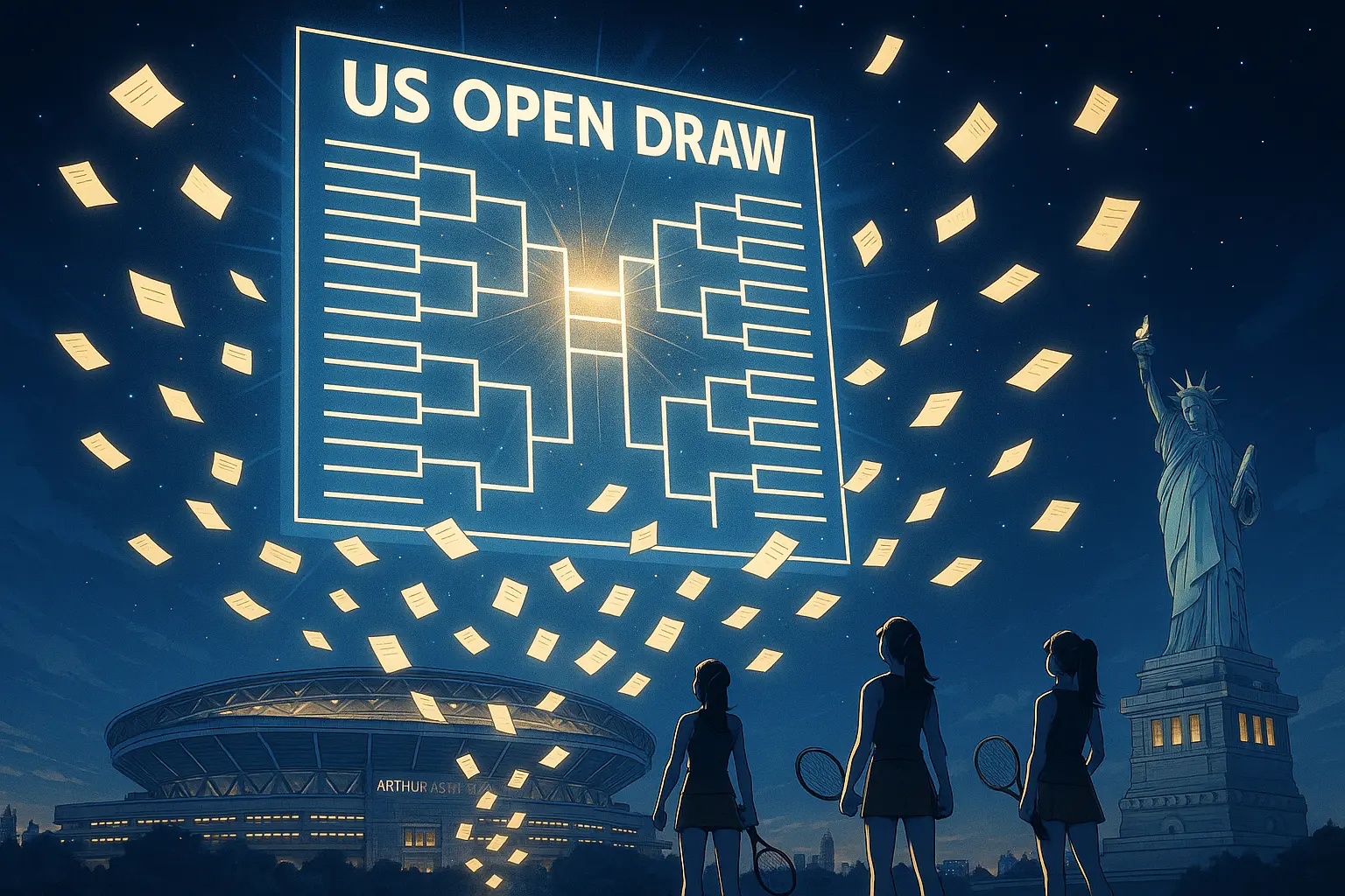 artwork showing a colossal glowing US Open Draw board floating above Arthur Ashe Stadium at night, with glowing slips of player names drifting downward and female tennis players gazing upward in awe, while the Statue of Liberty holds a golden tennis ball in the distance