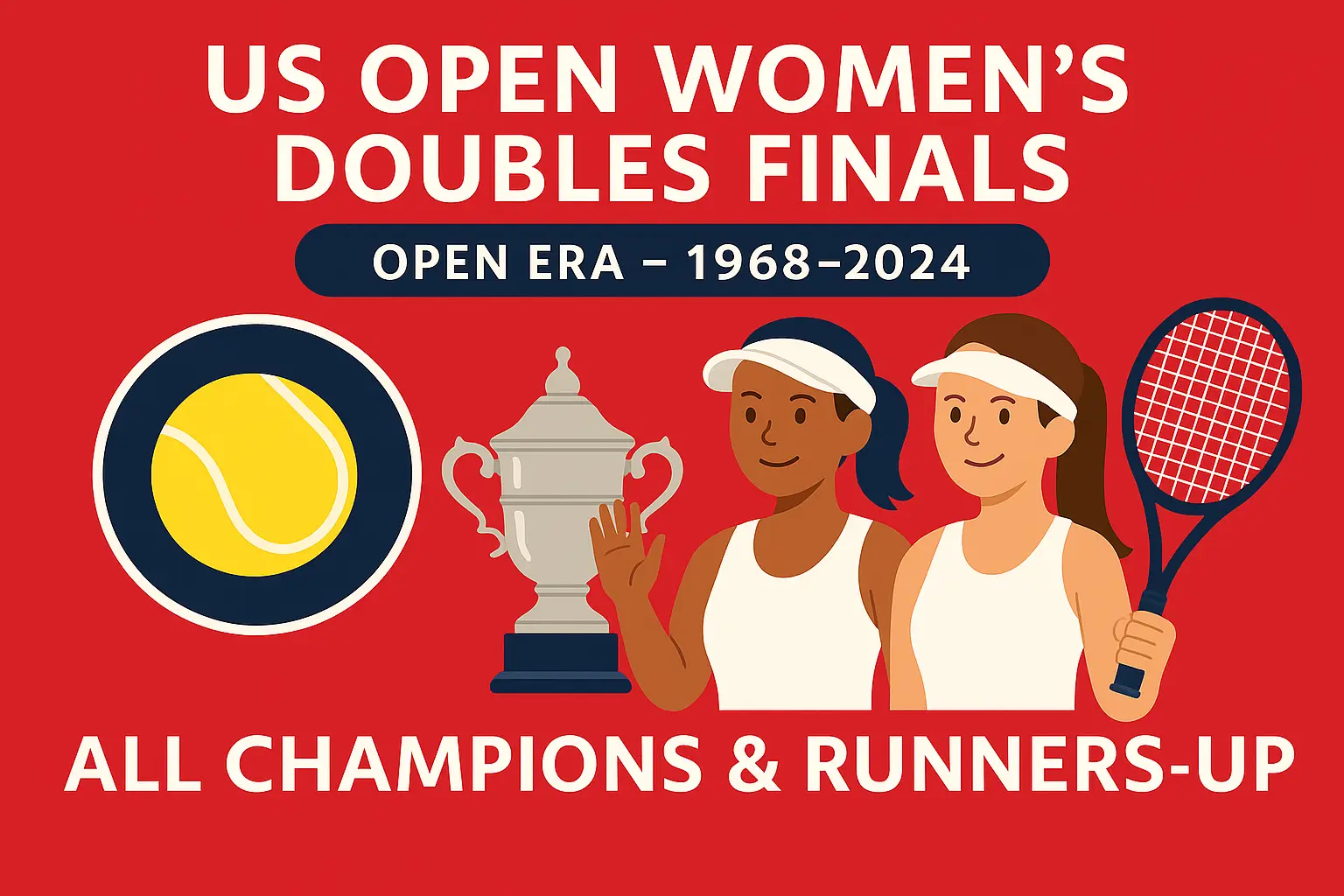 Infographic of US Open Women’s DoublesFinals champions and runners-up (1968–2024), featuring tennis player illustration, trophy, and American flag-inspired design