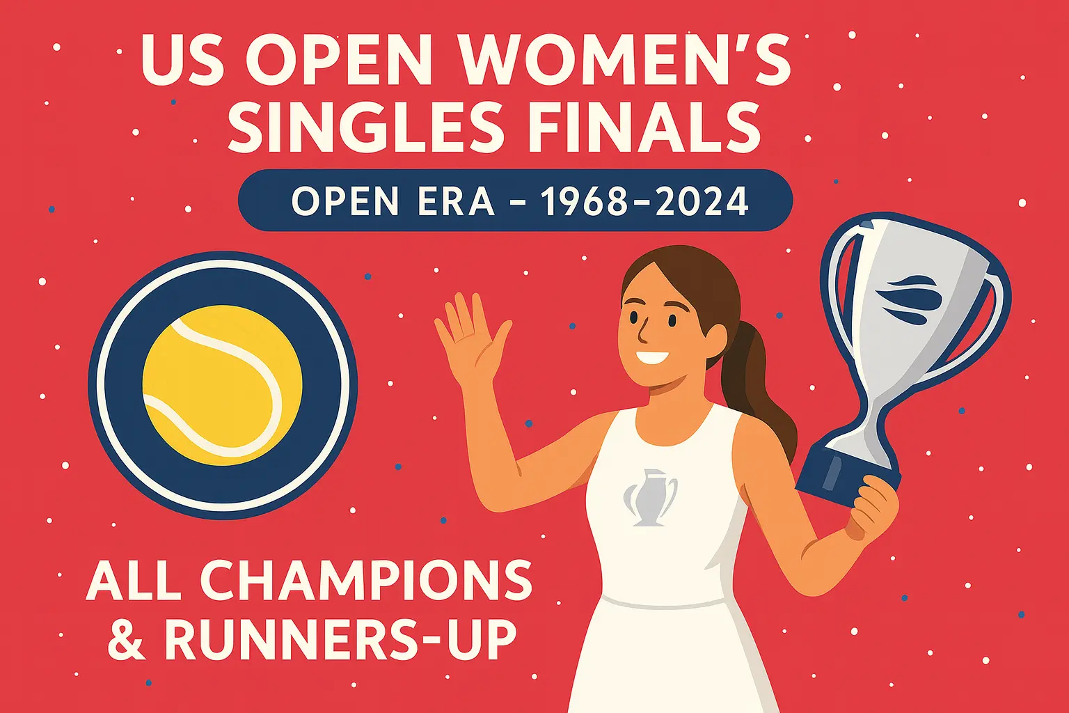 Infographic of US Open Women’s Singles Finals champions and runners-up (1968–2024), featuring tennis player illustration, trophy, and American flag-inspired design