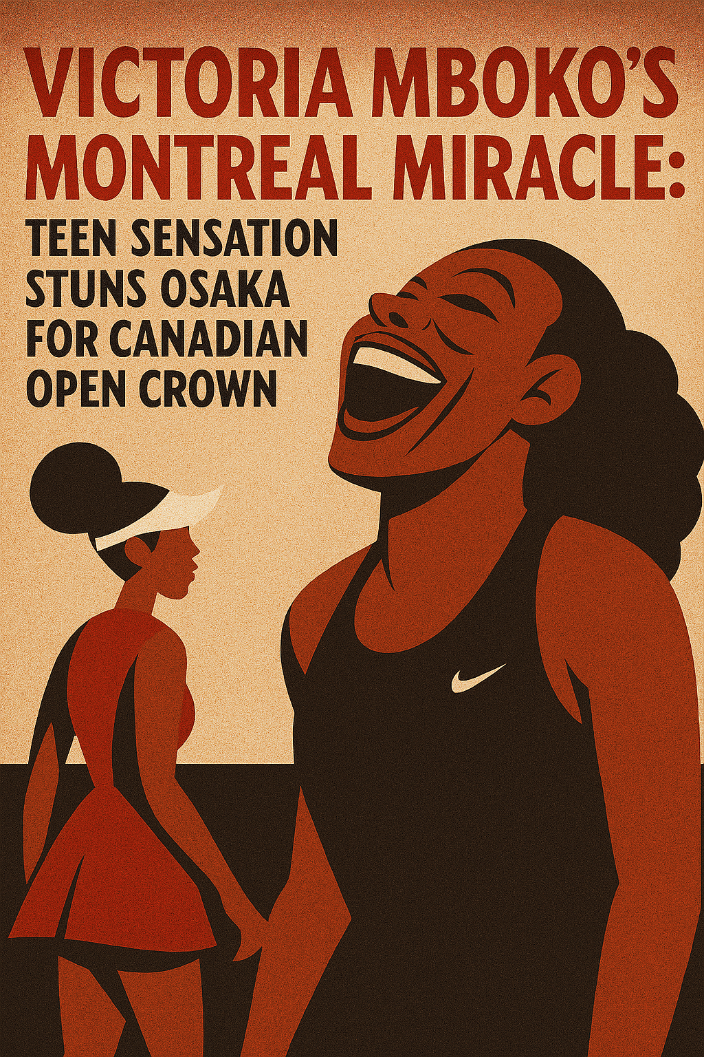 Retro 1950s-style vector illustration of Victoria Mboko laughing joyfully after winning the Canadian Open final against Naomi Osaka
