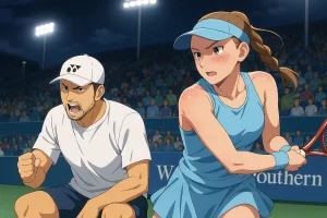 Elena Rybakina in a light blue tennis outfit and visor, sweating and focused during a night match in Riyadh with coach Stefano Vukov in a white Yonex cap shouting instructions courtside
