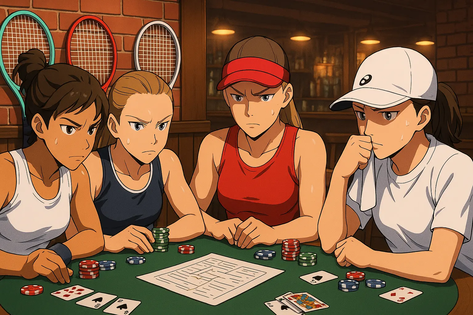 Image of Jasmine Paolini, Veronika Kudermetova, Elena Rybakina, and Iga Świątek playing poker in a Cincinnati bar, rackets against the wall as they study coaching notes with intense focus