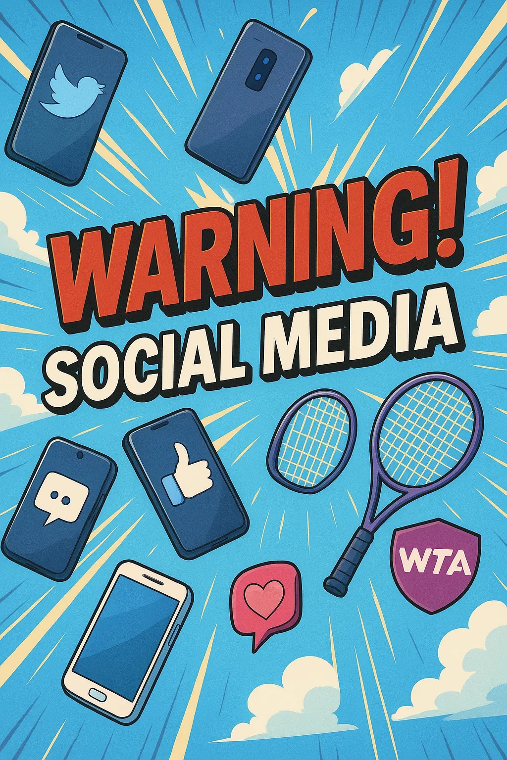 Illustration with the words “Warning! Social Media,” featuring flying smartphones with app icons, a WTA tennis logo, and a tennis racket