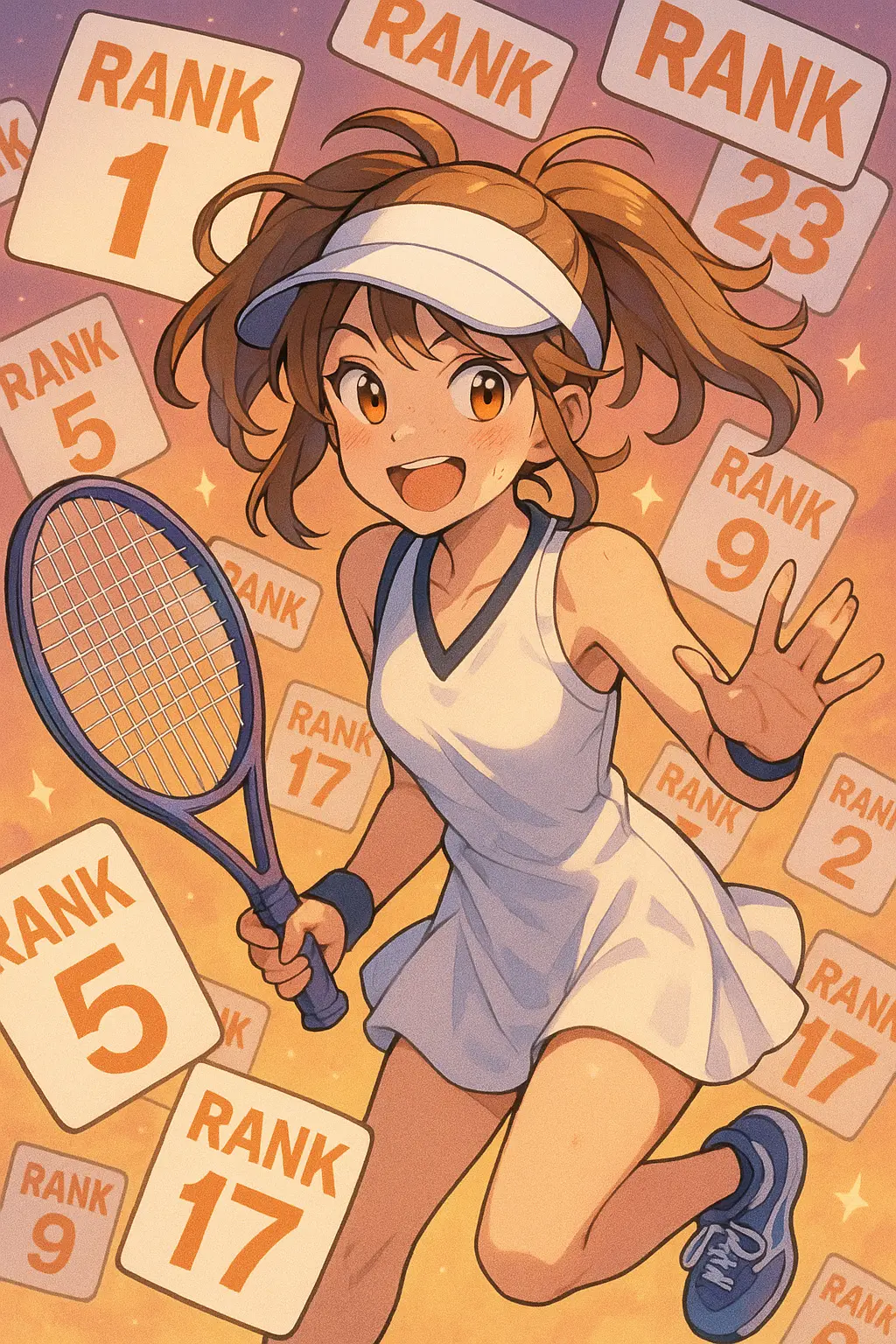 Illustration of a cheerful female tennis player surrounded by floating rank numbers