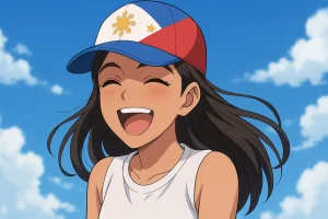 Illustration of Alexandra Eala smiling brightly under a blue sky, wearing a cap in the colors of the Philippine flag