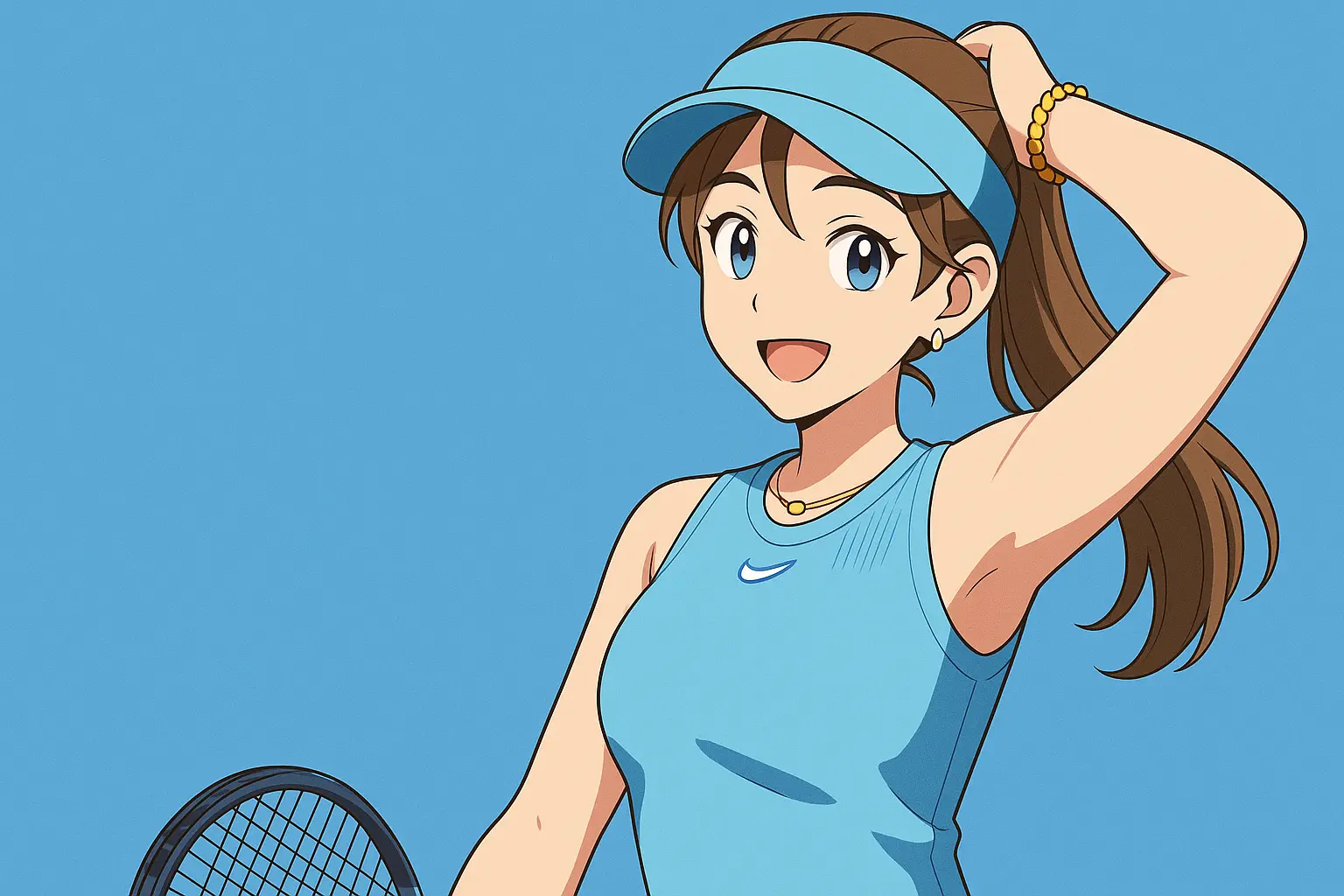 Amanda Anisimova smiling on a tennis court, wearing a light blue outfit and visor, with brown hair in a ponytail and holding a racket