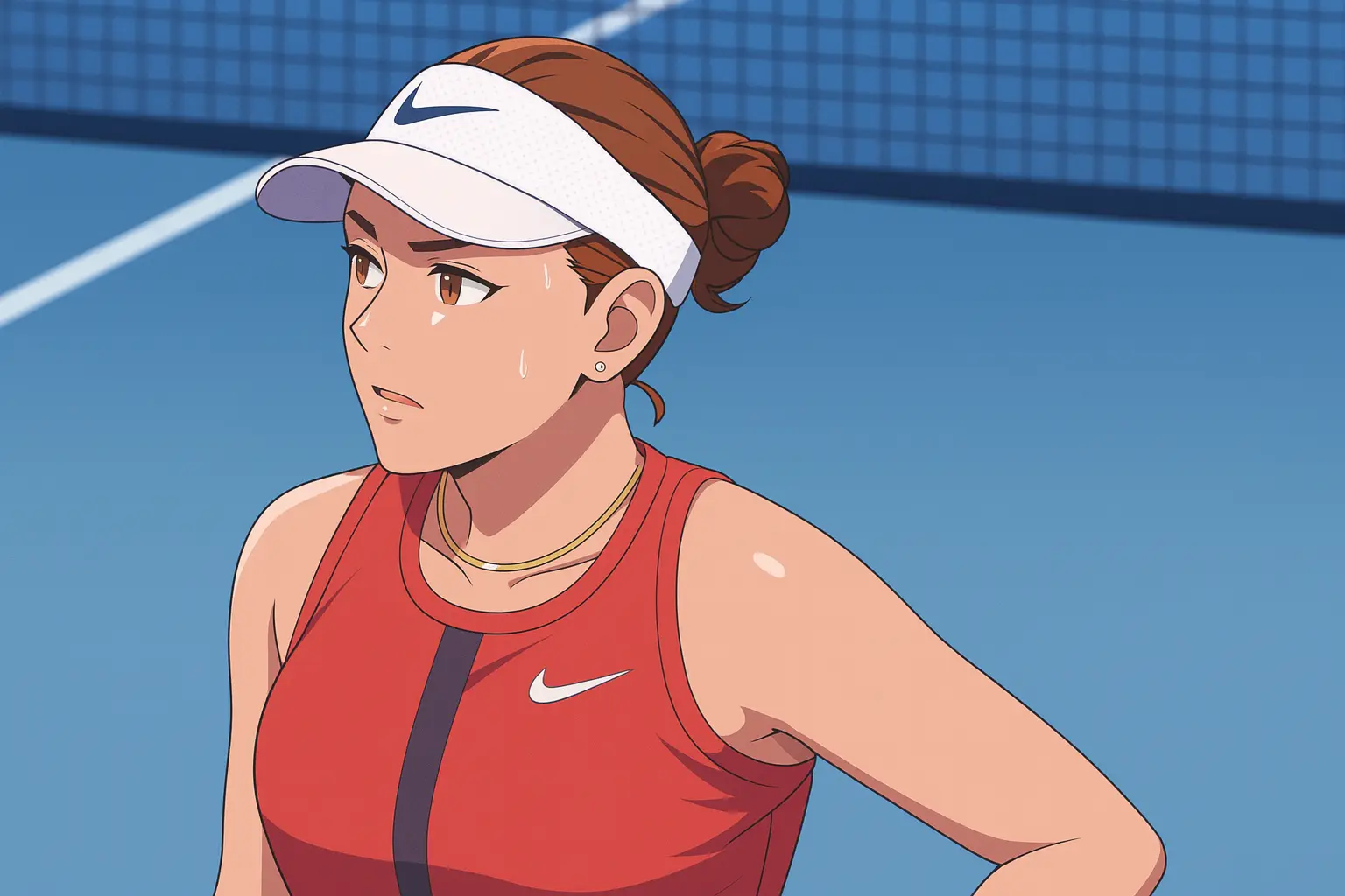 Amanda Anisimova female tennis player wearing red Nike outfit and white visor on blue hard court, focused during a match