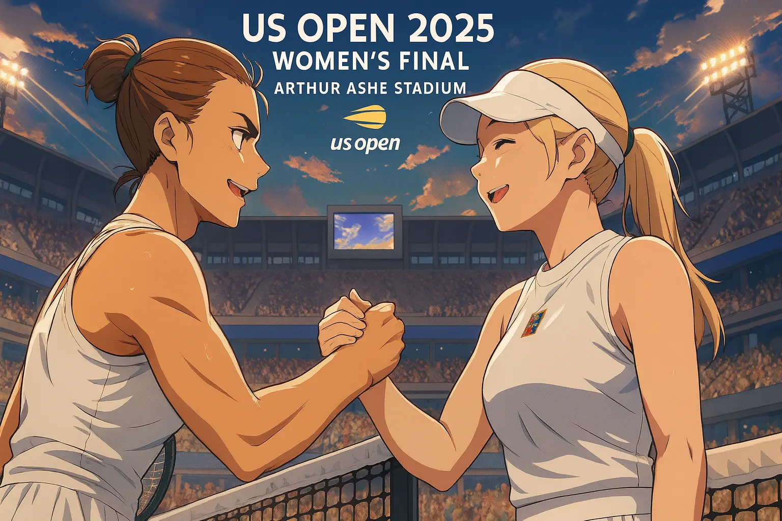 Illustration of Aryna Sabalenka and Amanda Anisimova shaking hands at the net